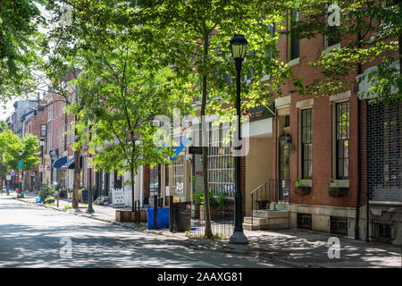 Viale alberato Pine Street su un soleggiato maggio mattina a Filadelfia Foto Stock