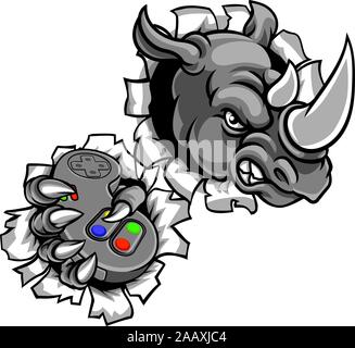 Rhino Gamer Holding mascotte del Controller Illustrazione Vettoriale