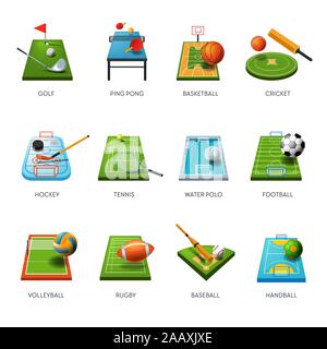 Campi e attrezzature sportive di icone isolato, il gioco del gioco Illustrazione Vettoriale