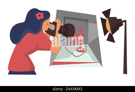 Fotografo con fotocamera prendendo foto di still life composizione Illustrazione Vettoriale