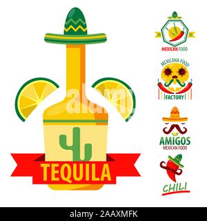 Tequila e cibo messicano isolato icone, cafe e ristorante Illustrazione Vettoriale