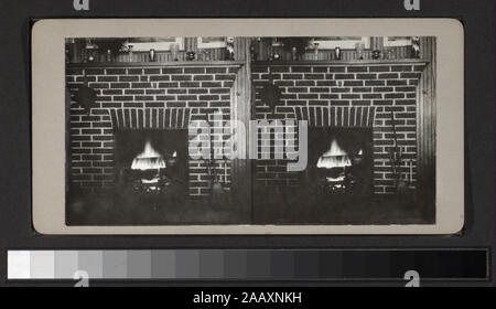 Fuoco che arde nel caminetto in mattoni disposti per data. La maggior parte delle viste sono timbrati con data e posizione. Robert Dennis raccolta di vista stereoscopica. Le viste sono da un non identificato, eventualmente fotografo dilettante. Viste delle scene di famiglia, le vacanze e i ritratti, incluse le viste a bordo del Mohawk in Florida, una vista di uno struzzo, un uomo con una macchina fotografica su una spiaggia, vedute di alberi, 1915; Adirondacks, compresi alberi, laghi, un gatto, un ritratto di gruppo, casa, comprese le vedute interne, a Beaver Dam(?) e un uomo seduto in una sedia a dondolo, 1915; Olean, N.Y., vedute interne tra cui un ritratto di una donna e chi Foto Stock