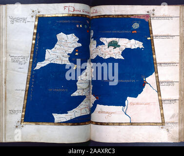 Prima Mappa di Europa (Gran Bretagna e Irlanda) Pieno di confine oro 'Latina : Prima Europa TabulaEnglish: elencati in de Ricci, Seymour, il censimento di medievale e rinascimentale, manoscritti negli Stati Uniti e in Canada. New York. N.Y.: H.W. Wilson, 1935; e il supplemento, New York, N.Y.: Società Bibliografica dell'America, 1962. Proprietà : originale stemma raschiato. Inizio proprietario L.B. dai bracci ora su f. 1. 1 scriba. 27 mappe. Su f.1, 10-linea oro con iniziale vinescroll estendentesi nel confine. Rubrica oro. Stemma. 9 righe iniziali in oro con vinescroll appaiono in corrispondenza delle aperture delle sezioni principali. Thr Foto Stock
