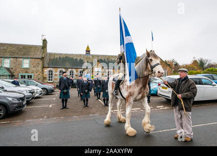 Athelstaneford, East Lothian, Scozia, Regno Unito. Il 24 novembre 2019. Si intraversa Festival: il primo giorno del festival annuale di mark St Andrew's Day avviene nel luogo di nascita della Scottish bandiera nazionale dove la si intraversa apparve nel cielo come un buon auspicio quando il Picts & scozzesi hanno sconfitto i sassoni guidati da Athelstan. Nella foto: Craig Donnelly su una fragola Stefano Clydesdale mare con lo sposo/proprietario Arthur Greenan con Haddington Pipe Band Foto Stock