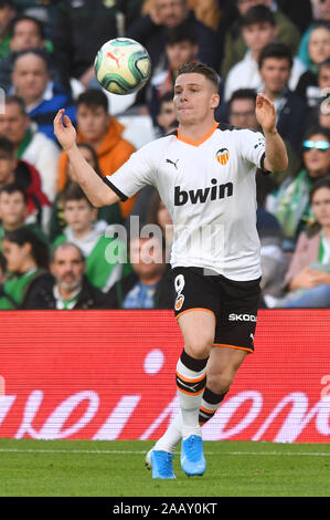 SEVILLA, 23-11-2019. Primera Division campionato spagnolo. LaLiga. Estadio Benito Villamarin. Kevin Gameiro (Valencia CF) durante il gioco Real Betis - Valencia CF. Foto Stock