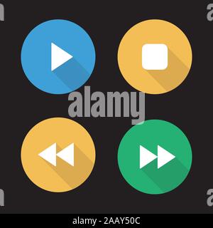 Lettore audio design piatto lungo ombra set di icone. Riproduzione, arresto, avanti e indietro i pulsanti. I simboli vettoriali Illustrazione Vettoriale
