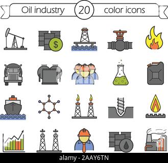 Olio e industria del petrolio colore set di icone. Tanker, storage, lavoratore, nave da carico, gas pipeline, flameable segno, bidone di benzina. Piattaforma petrolifera, pumpjack Illustrazione Vettoriale