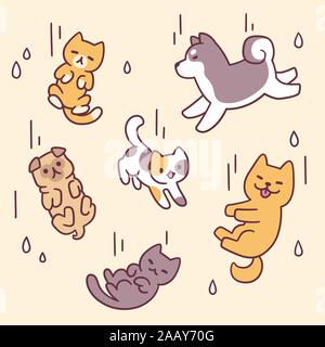 Piove cani e gatti, espressione divertente illustrazione. Cartoon carino animali domestici la caduta di pioggia. Vettore adorabile clip art disegno. Illustrazione Vettoriale