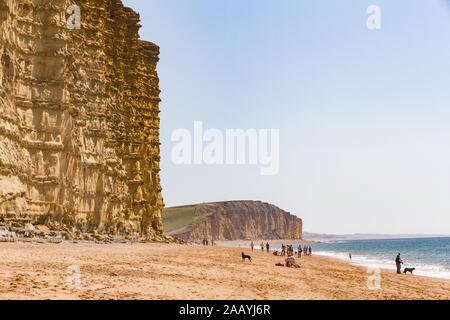 Vicino e distante immagine delle drammatiche scogliere a strati di pietra arenaria Bridport lungo la West Dorset Jurassic Coast con Chesil Beach scomparendo a Foto Stock