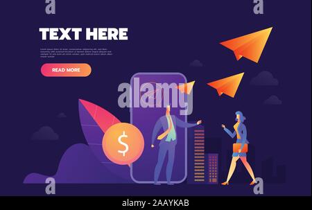 Donazione on line concept. telefono cellulare con una moneta sullo schermo. Gli utenti sono l'invio di monete. Banner Web, infographics. Isometrica illustrazione vettoriale. Illustrazione Vettoriale