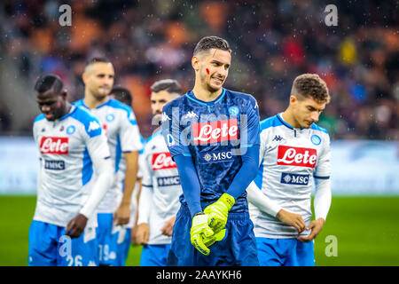 Alex meret (SSC Napoli) durante l'AC Milan vs SS Napoli, Milano, Italia, 23 Nov 2019, Calcio Calcio italiano di Serie A del campionato Gli uomini Foto Stock