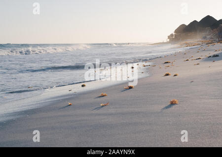 Tramonto sulla spiaggia di Cayo Largo, con sargssum sulla costa e un bar dell'hotel sullo sfondo Foto Stock