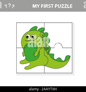 Simpatico puzzle game. Illustrazione Vettoriale del gioco di puzzle con happy cartoon dino per bambini Illustrazione Vettoriale
