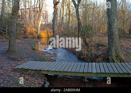 Piccola passerella in legno che attraversa un babbling in Allaire State Park, Wall Township, New Jersey, STATI UNITI D'AMERICA Foto Stock