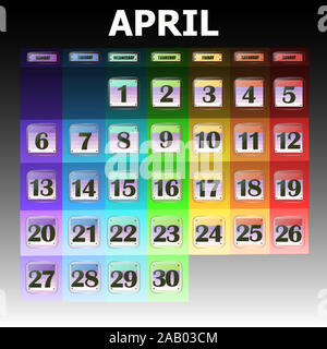 Calendario colorate per aprile 2020 in inglese. Set di pulsanti con le date del calendario per il mese di aprile. Per la pianificazione di importanti giorni. Banner per i giorni festivi e giorni speciali. Illustrazione. Foto Stock