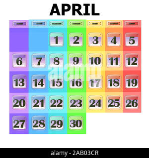 Calendario colorate per aprile 2020 in inglese. Set di pulsanti con le date del calendario per il mese di aprile. Per la pianificazione di importanti giorni. Banner per i giorni festivi e giorni speciali. Illustrazione. Foto Stock