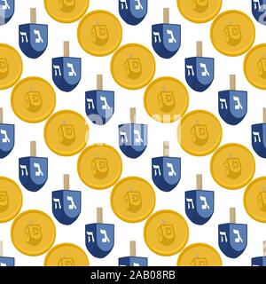 Illustrazione sul tema grande disegno colorato Hanukkah, insieme senza soluzione di continuità dreidel. Seamless disegno costituito da collezione dreidel, accessorio Hanukka vacanze Illustrazione Vettoriale