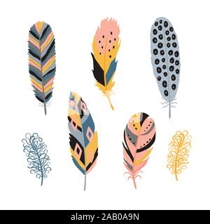 Colorati uccelli dettagliata piume set. Disegnato a mano gli elementi modificabili, stile realista, illustrazione vettoriale. Illustrazione Vettoriale