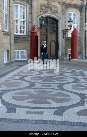 Un soldato in servizio al di fuori dell'Amalienborg, il Palazzo Reale di Copenaghen, Danimarca Foto Stock