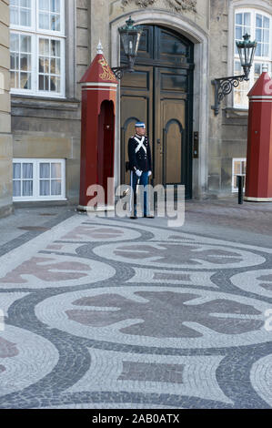 Un soldato in servizio al di fuori dell'Amalienborg, il Palazzo Reale di Copenaghen, Danimarca Foto Stock