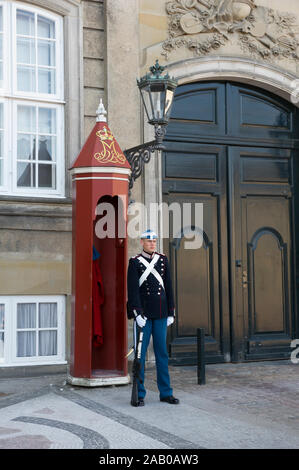 Un soldato in servizio al di fuori dell'Amalienborg, il Palazzo Reale di Copenaghen, Danimarca Foto Stock