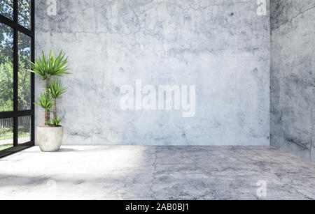 Moderno materiale calcestruzzo sala vuota spazio aperto interno con ampia finestra, rendering 3D Foto Stock