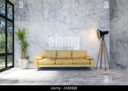 Interno del moderno calcestruzzo Loft Soggiorno con uno stile rétro mobili e copia dello spazio sul muro per Mock up, rendering 3D Foto Stock
