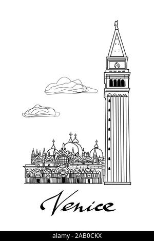 La Basilica di San Marco e Campanile a Venezia, Italia. Mano bozzetto illustrazione Foto Stock