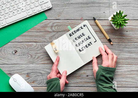 Il concetto di rifiuti zero consumo consapevole laici piana, vista dall'alto di mani alla moda per notebook moleskin con il testo "ridurre, riutilizzare e riciclare, ripetere". Legno Foto Stock