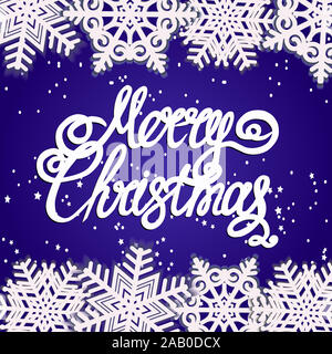 Merry Christmas background. Illustrazione luminoso con caratteri e i fiocchi di neve. Illustrazione. Foto Stock