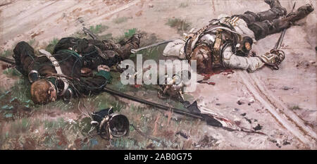 Dead Uhlan dal xvi reggimento (Altmark) e cuirassier dal 7° reggimento di von Bredow brigata. Frammento del panorama della battaglia di Rez Foto Stock