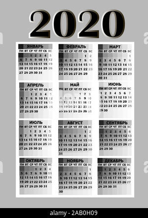 Anno di calendario 2020. Design colorato per il calendario 2020 in lingua russa. Il calendario per l'organizzazione, business e familiari. La settimana inizia il lunedì. Illustrazione luminoso con i colori nero e bianco. Foto Stock