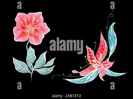 Set di due estate coloratissimi fiori tropicali. Floreale di fiori botanici impostare isolati su sfondo nero. Disegnato a mano Collezione di vettore. Botanical Hawaii Illustrazione Vettoriale