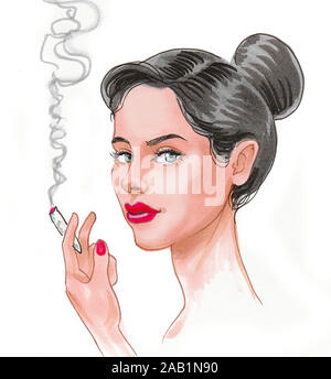 Bella donna di fumare. China e acquarello illustrazione Foto Stock