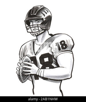 Giocatore di football americano con una sfera. L'inchiostro bianco e nero disegno Foto Stock