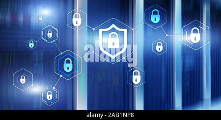 Cyber security protezione dei dati Protezione dei dati il concetto di privacy dei server sfocato sfondo in camera Foto Stock