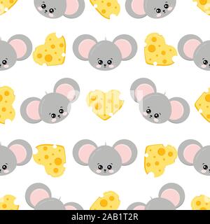 Faccia di topo e formaggio forma di cuore colorato seamless pattern su sfondo bianco. Illustrazione Vettoriale