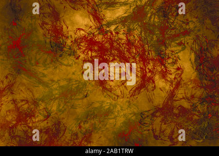Abstract pittura moderna .Rosso gli spruzzi di vernice su fondo oro. Texture grunge Foto Stock