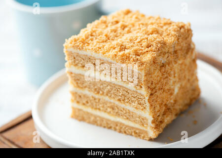 Layered miele fetta di torta in forma quadrata su di una piastra. Primo piano. Gustosa deliziosa torta con crema pasticcera e miele di strati di biscotto Foto Stock