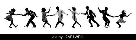Banner con quattro silhouette nera di coppie danzanti su sfondo bianco. Le persone negli anni quaranta o degli anni cinquanta stile. Illustrazione Vettoriale. Illustrazione Vettoriale