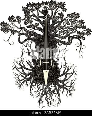 Vintage violino silhouette con rami di albero illustrazione. Illustrazione Vettoriale