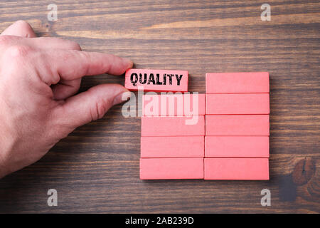 Qualità. Controllo di lavoro, del servizio di garanzia e di concetto di assicurazione. Coloratissimi blocchi in legno Foto Stock