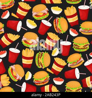 Modello senza cuciture con hamburger, soda e patatine fritte. Illustrazione Vettoriale di fast food. Il cibo spazzatura. Illustrazione Vettoriale