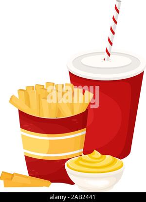 Le patatine fritte con la salsa e soda in un bicchiere di cartone. Illustrazione Vettoriale di fast food. Il cibo spazzatura. Illustrazione Vettoriale