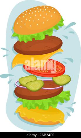 Deliziosi hamburger con cotoletta. Illustrazione Vettoriale di fast food. Il cibo spazzatura. Illustrazione Vettoriale