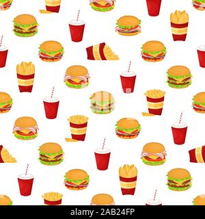 Modello senza cuciture con hamburger, soda e patatine fritte. Illustrazione Vettoriale di fast food. Il cibo spazzatura. Illustrazione Vettoriale