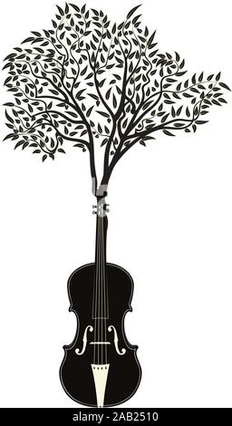 Vintage violino silhouette con rami di albero illustrazione. Illustrazione Vettoriale