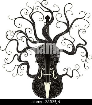 Vintage violino silhouette con rami di albero illustrazione. Illustrazione Vettoriale