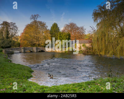 Il Sheepwash ponte sopra il fiume Wye a Ashford nell'acqua,Derbyshire, England.cosiddetto come il ponte ha attaccato un pietra sheepwash: agnelli wer Foto Stock