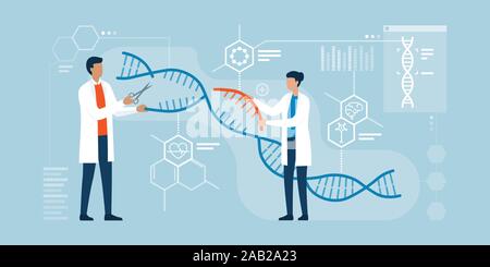 Gli scienziati l'analisi del DNA Helix e modifica di genoma all'interno di organismi, CRISPR technology Illustrazione Vettoriale